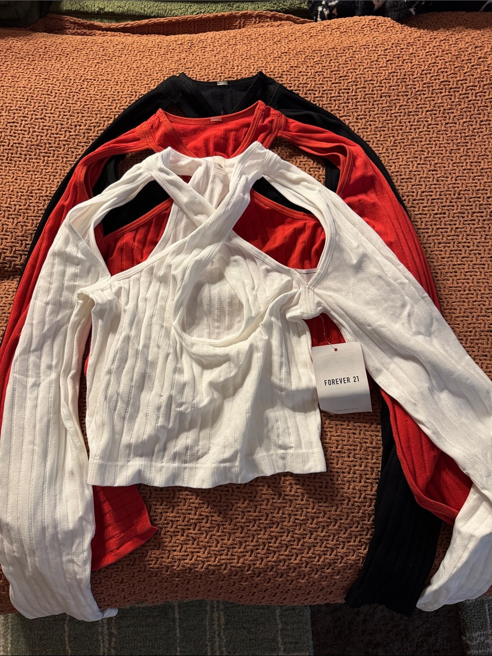 Forever 21 White Ribbed Long Sleeve Cutout Top